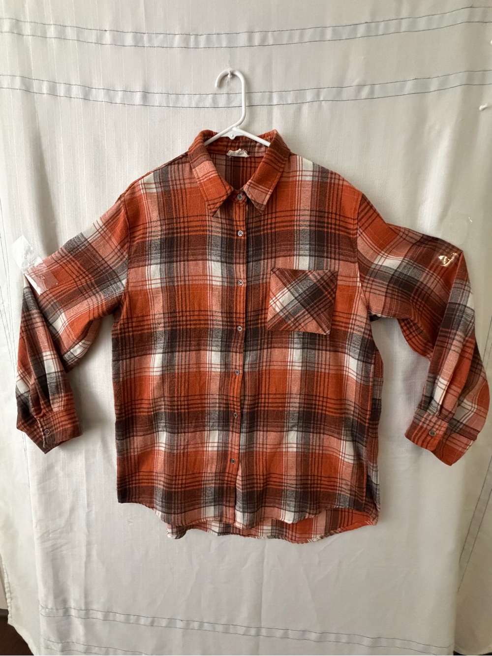 La Miel Orange Plaid Flannel Button Up Shirt Women’s  size Large(A617)